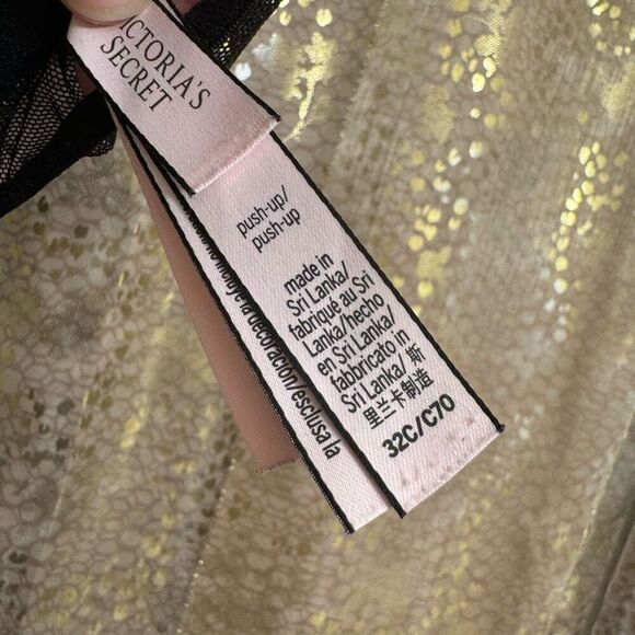 Victorias Secret Black Metallic Gold Push Up Front Clip Racerback Bra 32C - Picture 6 of 6